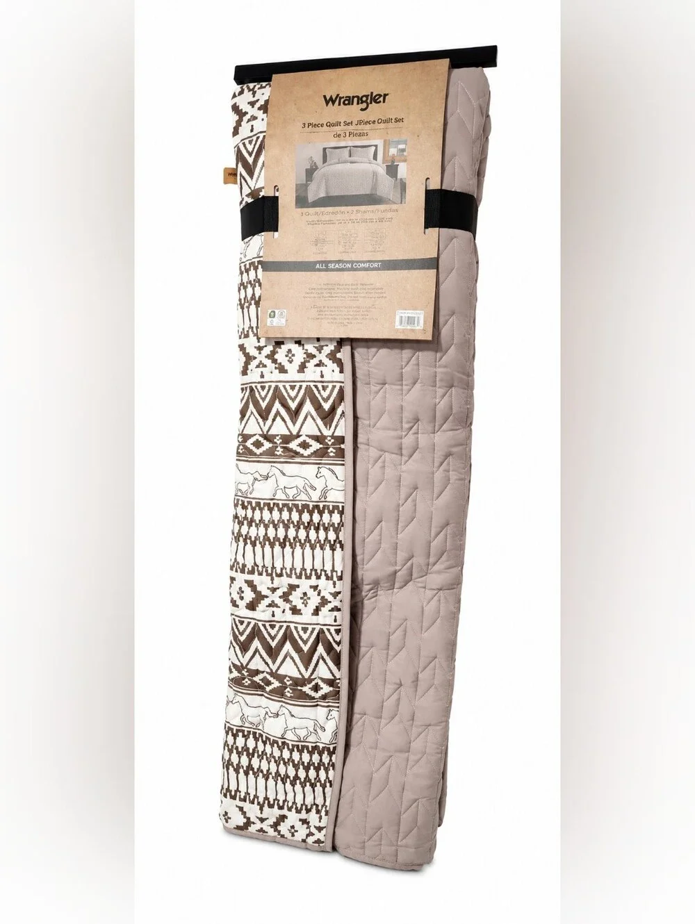 NWT Wrangler Taupe Reversible Quilt Set with Geometric Horse Print